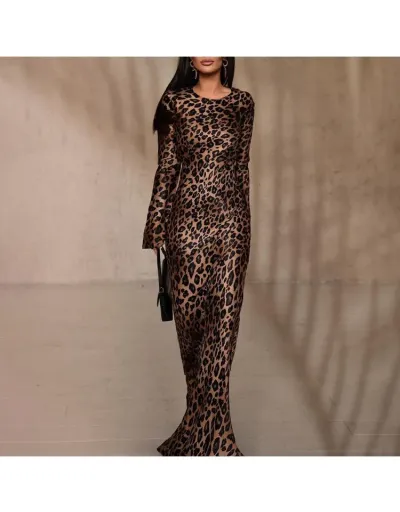 Replica Leopard Print Long Sleeve Maxi Dress #802562 $51.41 USD for Wholesale