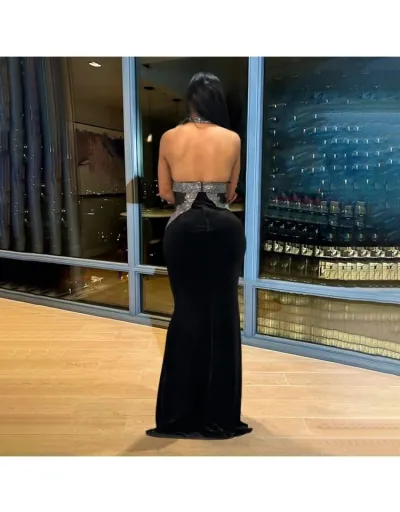 Replica Noble Hotfix Rhinestones V Neck Halter Backless Maxi Dress #802565 $46.25 USD for Wholesale