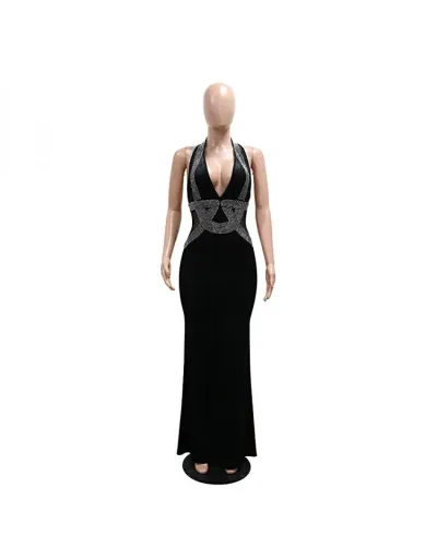 Replica Noble Hotfix Rhinestones V Neck Halter Backless Maxi Dress #802565 $46.25 USD for Wholesale