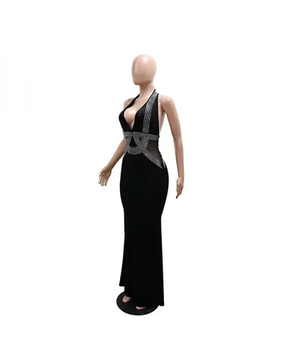 Replica Noble Hotfix Rhinestones V Neck Halter Backless Maxi Dress #802565 $46.25 USD for Wholesale