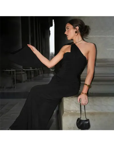 Replica Ruched Halter Ribbons Backless Maxi Dress #802591 $35.40 USD for Wholesale