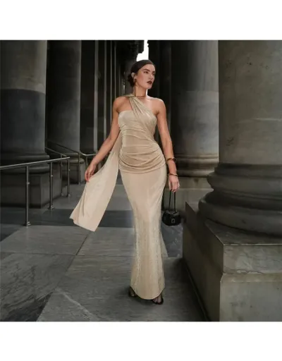 Replica Ruched Halter Ribbons Backless Maxi Dress #802591 $35.40 USD for Wholesale