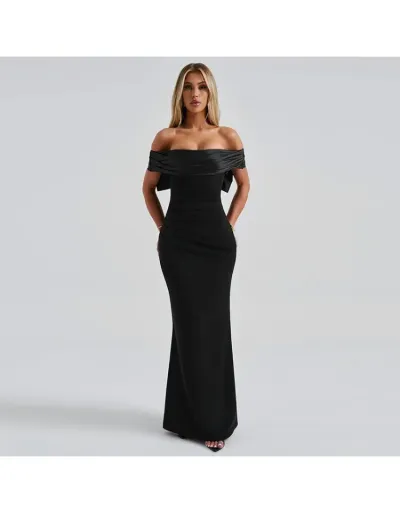 Replica Ruched Off Shoulder Bow Patchwork Maxi Dress #802593 $39.96 USD for Wholesale