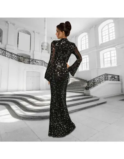 Replica Rhinestones Sheer Trumpet Sleeve Maxi Dress #802595 $78.52 USD for Wholesale