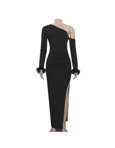 Replica One Shoulder Fake Fur Side Slit Maxi Dress #802596 $34.43 USD for Wholesale