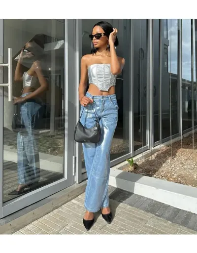 Replica Metallic Denim Cargo High Rise Jeans #802599 $79.81 USD for Wholesale