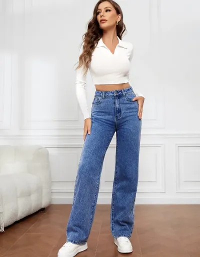 Leisure Washed High Rise Straight Jeans #802606 $41.40 USD, Wholesale Fashion Jeans