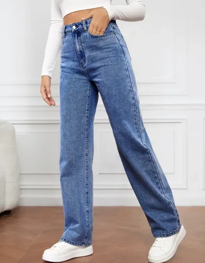 Replica Leisure Washed High Rise Straight Jeans #802606 $41.40 USD for Wholesale