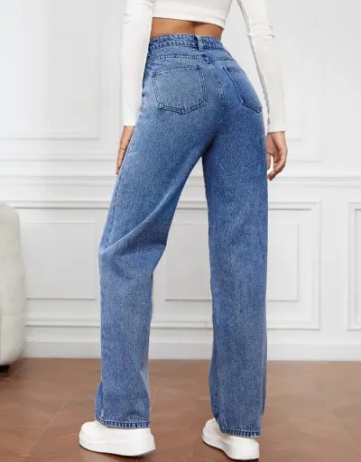 Replica Leisure Washed High Rise Straight Jeans #802606 $41.40 USD for Wholesale