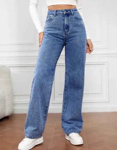 Replica Leisure Washed High Rise Straight Jeans #802606 $41.40 USD for Wholesale