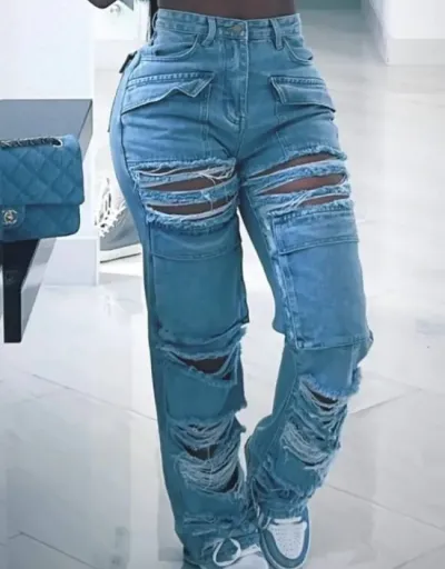 Distressed Denim Pocket Cargo Jeans #802610 $58.40 USD, Wholesale Fashion Jeans