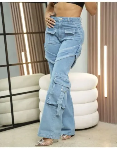 Replica Applique Cargo Pocket Patchwork High Rise Jeans #802642 $77.54 USD for Wholesale