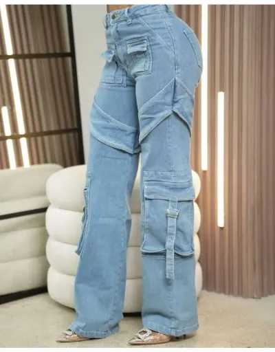 Replica Applique Cargo Pocket Patchwork High Rise Jeans #802642 $77.54 USD for Wholesale