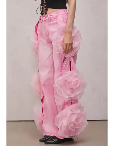 Replica Flower Decor Cutouts Denim Wide Leg Jeans #802649 $115.15 USD for Wholesale