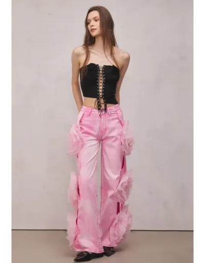 Replica Flower Decor Cutouts Denim Wide Leg Jeans #802649 $115.15 USD for Wholesale