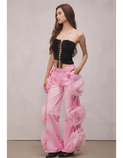 Replica Flower Decor Cutouts Denim Wide Leg Jeans #802649 $115.15 USD for Wholesale