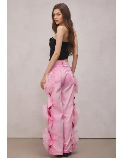 Replica Flower Decor Cutouts Denim Wide Leg Jeans #802649 $115.15 USD for Wholesale