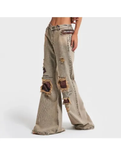 Replica Leopard Distressed Low Rise Trailing Wide Leg Vintage Jeans #802654 $59.27 USD for Wholesale