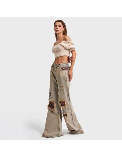 Replica Leopard Distressed Low Rise Trailing Wide Leg Vintage Jeans #802654 $59.27 USD for Wholesale