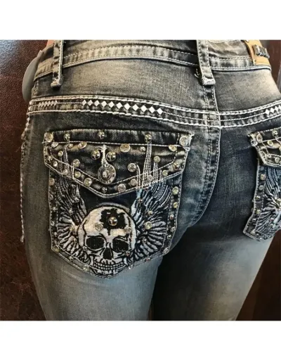 Embroidery Skull Hotfix Rhinestones Jeans #802655 $46.60 USD, Wholesale Fashion Jeans