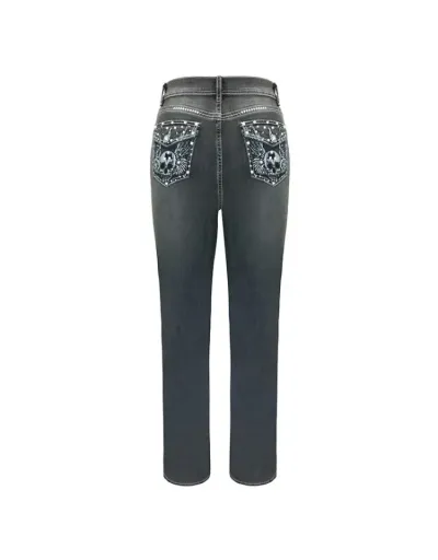 Replica Embroidery Skull Hotfix Rhinestones Jeans #802655 $46.60 USD for Wholesale