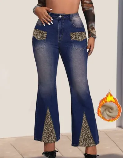 Leopard Patchwork Washed Denim Flared Jeans #802660 $66.40 USD, Wholesale Fashion Jeans