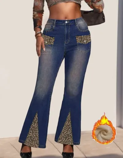 Replica Leopard Patchwork Washed Denim Flared Jeans #802660 $66.40 USD for Wholesale