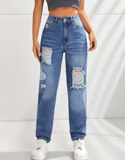 Ripped Fitted Buckle Jeans #802662 $48.52 USD, Wholesale Fashion Jeans