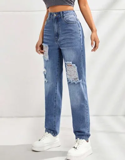 Replica Ripped Fitted Buckle Jeans #802662 $48.52 USD for Wholesale