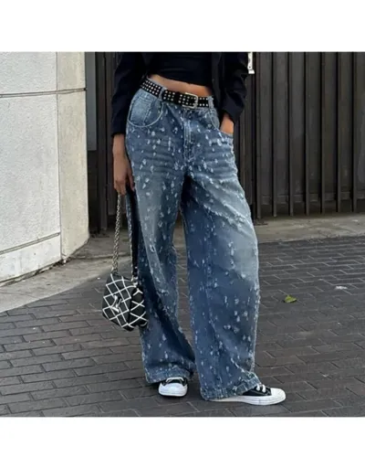 Hook Flower Wear Out Low Rise Wide Leg Jeans #802671 $39.48 USD, Wholesale Fashion Jeans