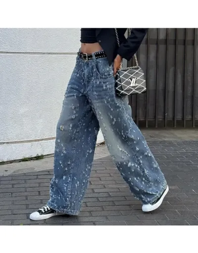 Replica Hook Flower Wear Out Low Rise Wide Leg Jeans #802671 $39.48 USD for Wholesale