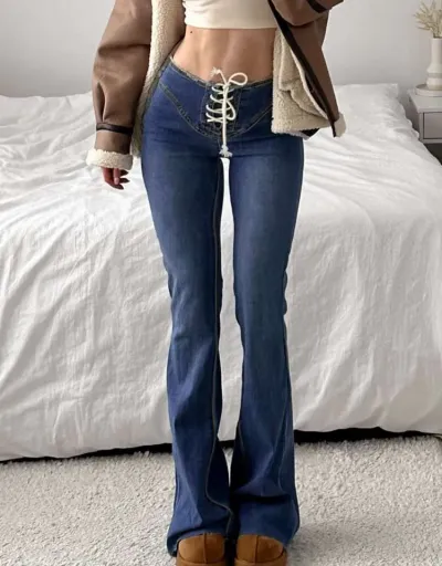 Replica Lace Up Denim Fuzzy Trim Flared Jeans #802674 $68.34 USD for Wholesale