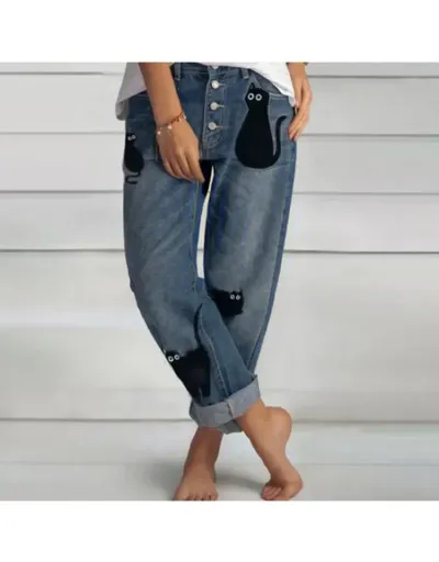 Cat Print Single Breasted Straight Jeans #802679 $38.61 USD, Wholesale Fashion Jeans