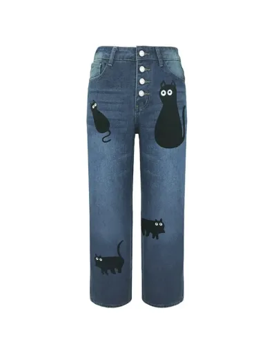 Replica Cat Print Single Breasted Straight Jeans #802679 $38.61 USD for Wholesale