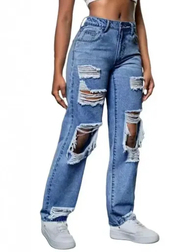 Ripped Fringe Straight Mid-rise Jeans #802680 $51.55 USD, Wholesale Fashion Jeans