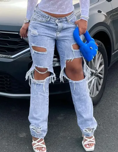 Replica Ripped Denim Patchwork Straight Jeans #802682 $70.41 USD for Wholesale