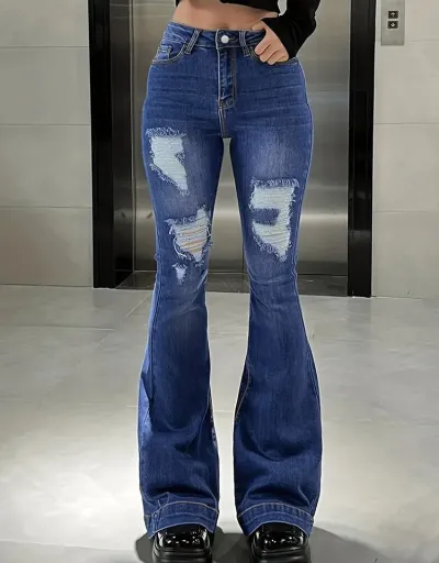 Ripped Denim High Rise Flared Jeans #802683 $80.03 USD, Wholesale Fashion Jeans