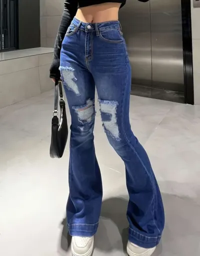 Replica Ripped Denim High Rise Flared Jeans #802683 $80.03 USD for Wholesale