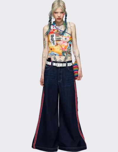 Replica Embroidery Striped Denim Wide Leg Jeans #802686 $64.80 USD for Wholesale