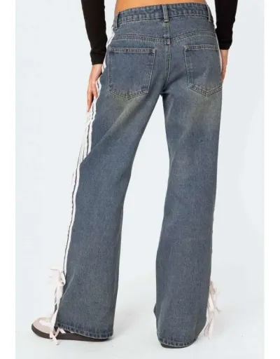 Replica Denim Striped Lace Up Trailing Jeans #802695 $59.48 USD for Wholesale