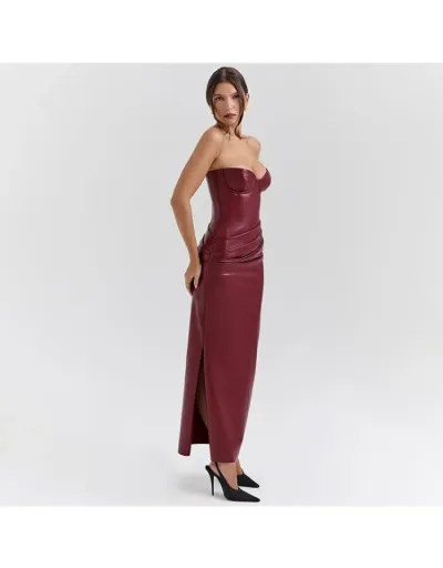 Replica Ruched PU Strapless Split Hem Maxi Dress #802700 $38.19 USD for Wholesale