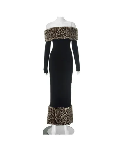 Replica Leopard Fur Patchwork Off Shoulder Long Sleeve Maxi Dress #802704 $50.23 USD for Wholesale