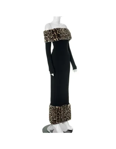 Replica Leopard Fur Patchwork Off Shoulder Long Sleeve Maxi Dress #802704 $50.23 USD for Wholesale