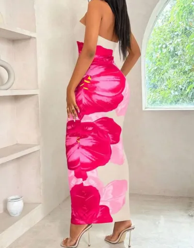 Replica Colorblock Floral Printed Strapless Maxi Dress #802705 $28.62 USD for Wholesale