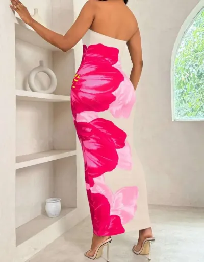 Replica Colorblock Floral Printed Strapless Maxi Dress #802705 $28.62 USD for Wholesale