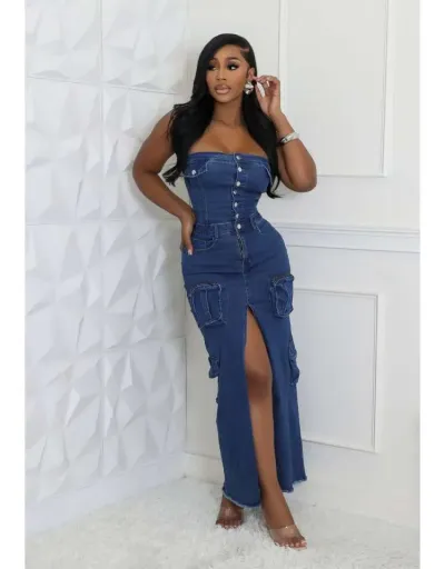 Strapless Denim Cargo Split Hem Maxi Dress #802706 $92.20 USD, Wholesale Fashion 