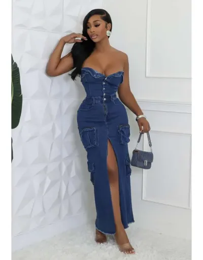 Replica Strapless Denim Cargo Split Hem Maxi Dress #802706 $92.20 USD for Wholesale