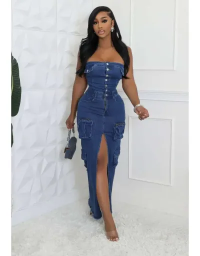 Replica Strapless Denim Cargo Split Hem Maxi Dress #802706 $92.20 USD for Wholesale