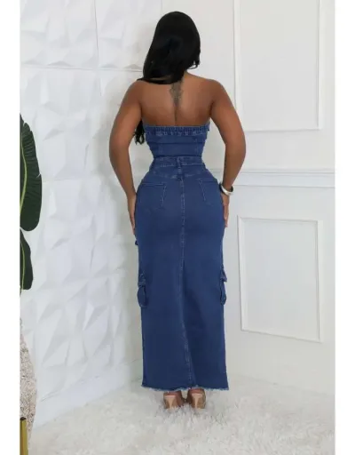 Replica Strapless Denim Cargo Split Hem Maxi Dress #802706 $92.20 USD for Wholesale