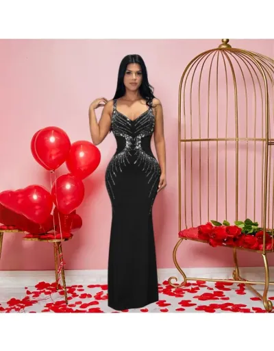 Hotfix Rhinestones V Neck Sleeveless Maxi Dress #802714 $59.85 USD, Wholesale Fashion 